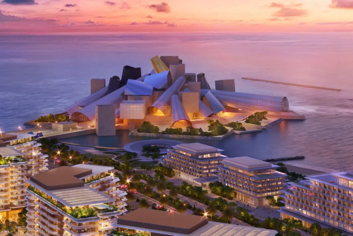 Render of Guggenheim Abu Dhabi on the Saadiyat Cultural District waterfront