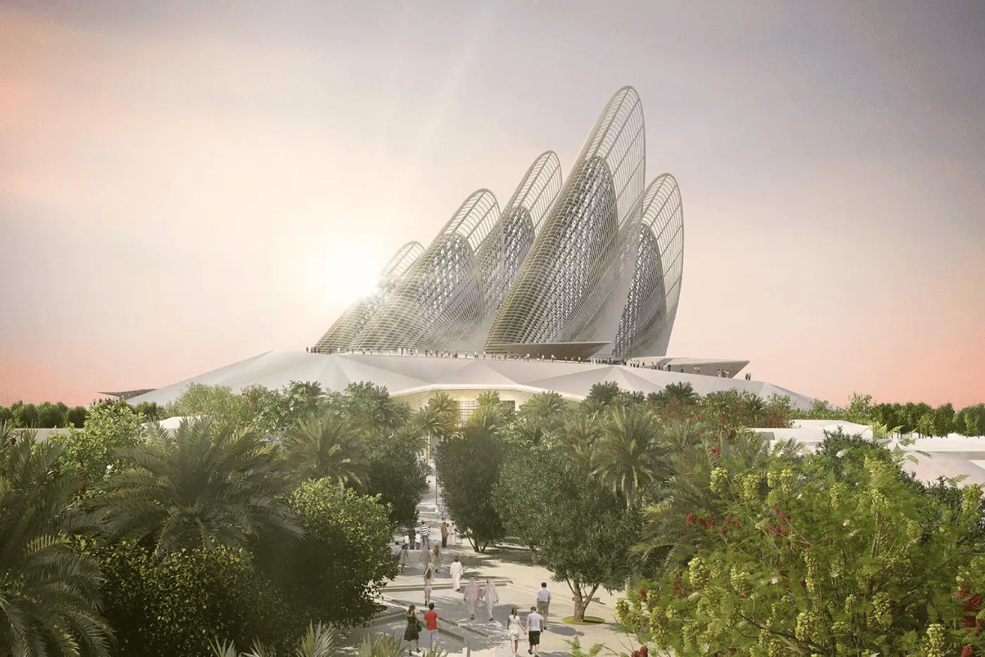 Render of Zayed National Museum rising above landscaped gardens