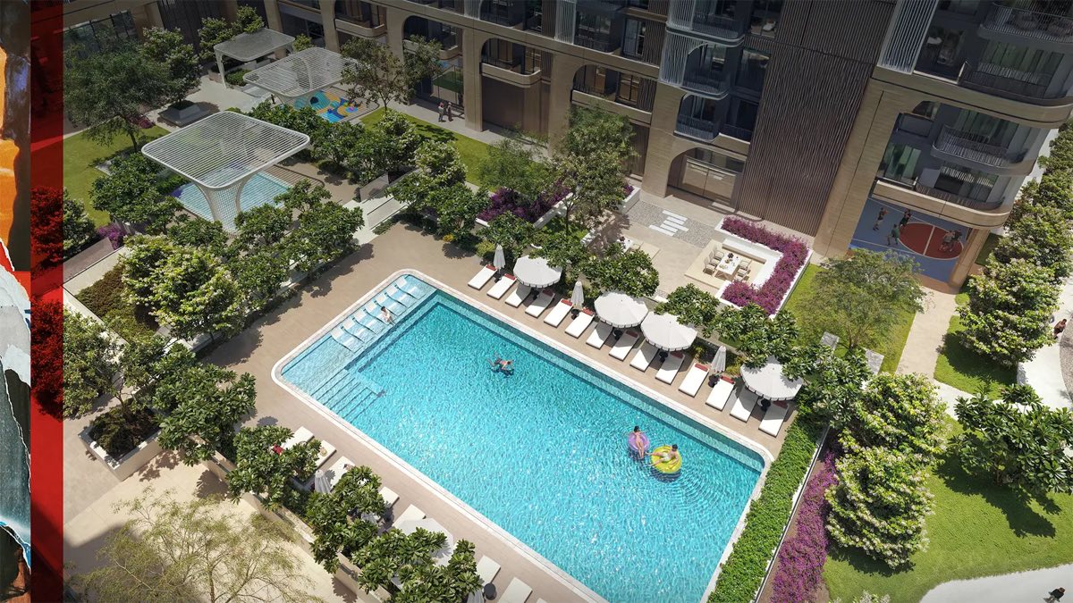 Resort pool deck with loungers and palm gardens