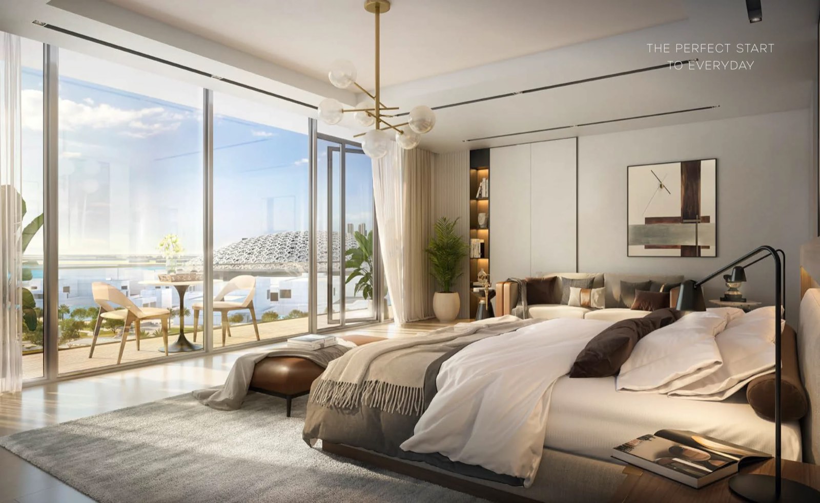 Bedroom with floor-to-ceiling windows facing the sea