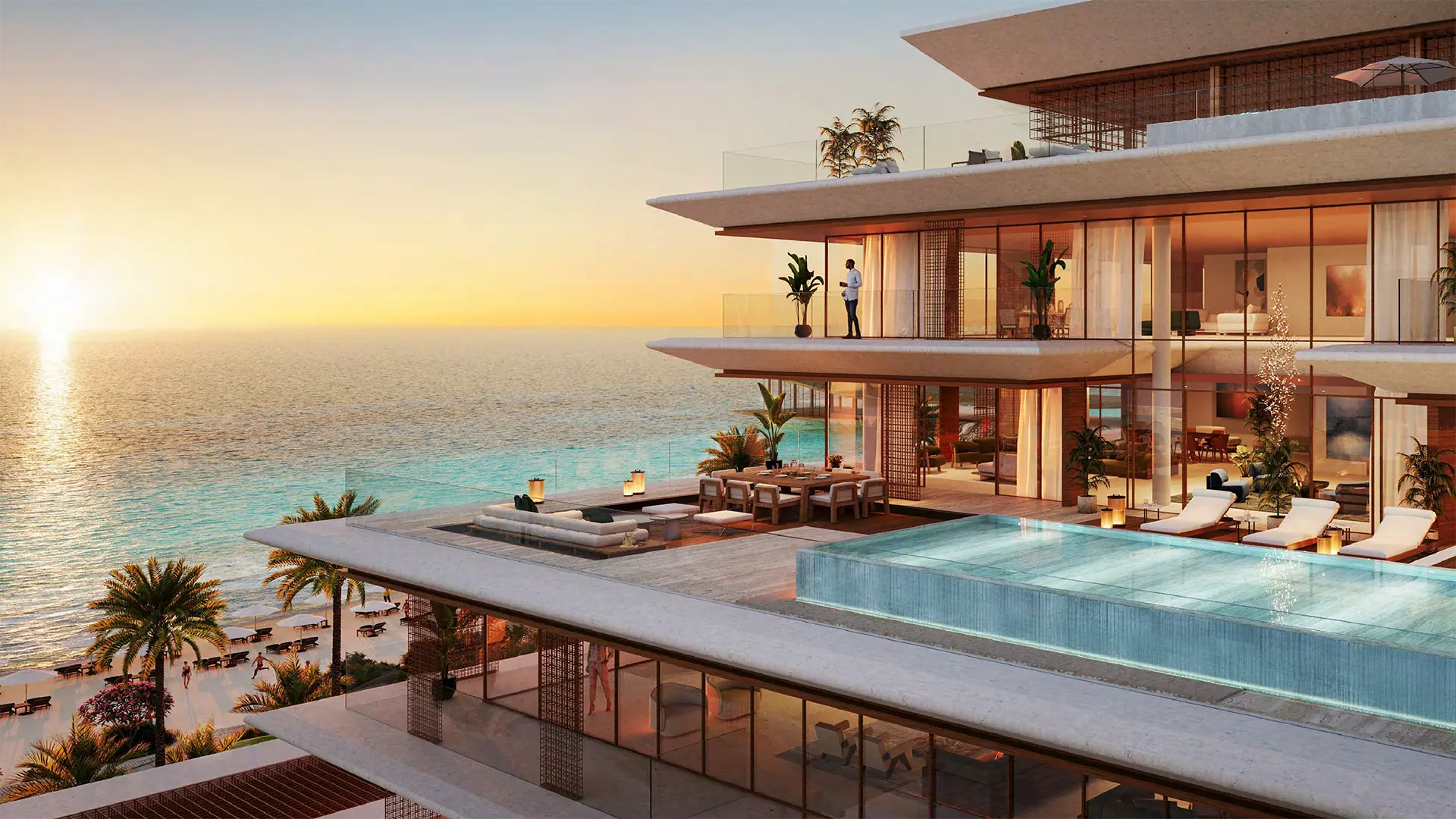 Terrace with private pool overlooking the sea at sunset